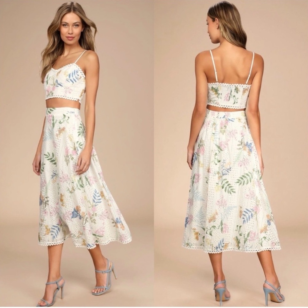 Lulu's White Floral Eyelet Midi Dress with Pastel Print